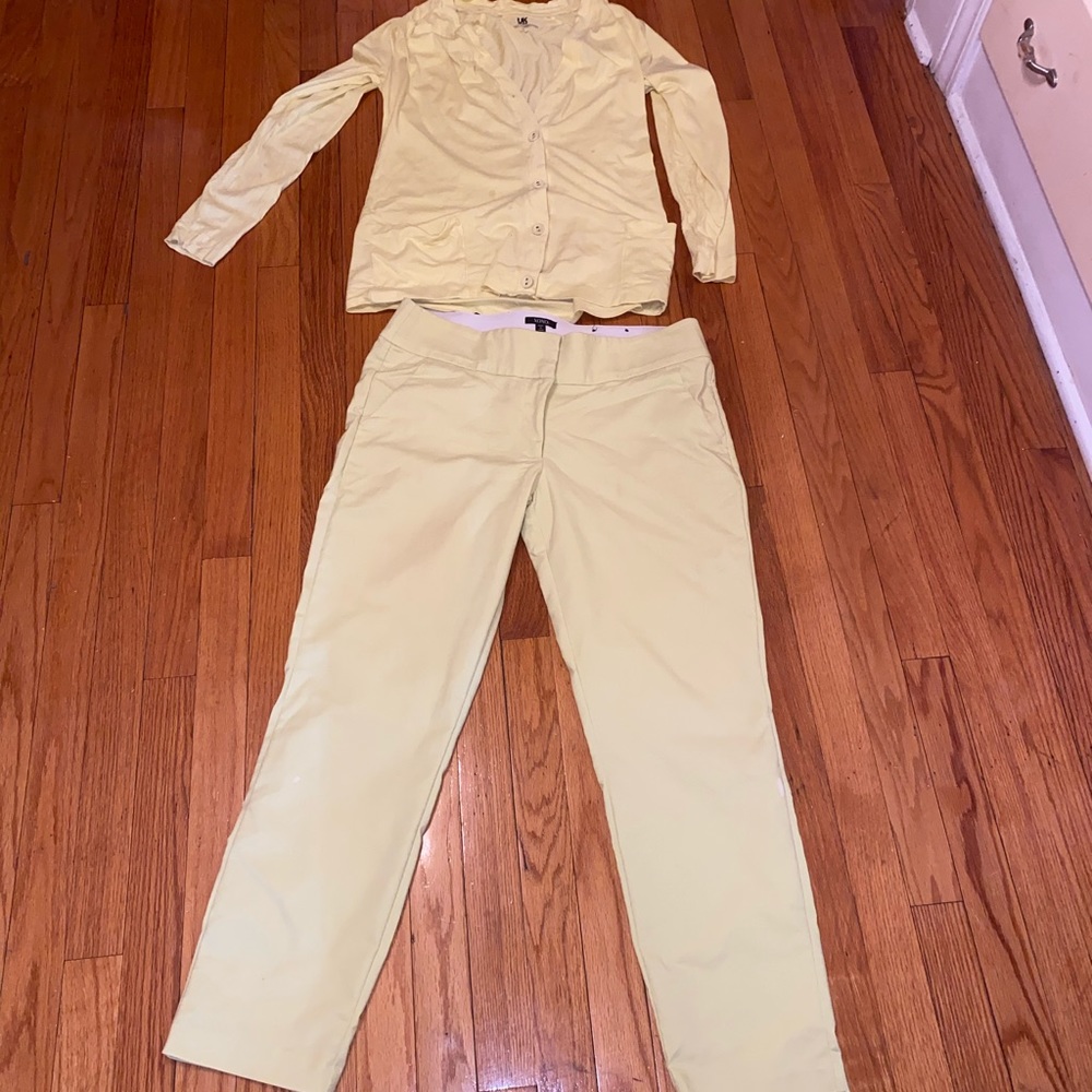 Slacks and light cardigan set.
